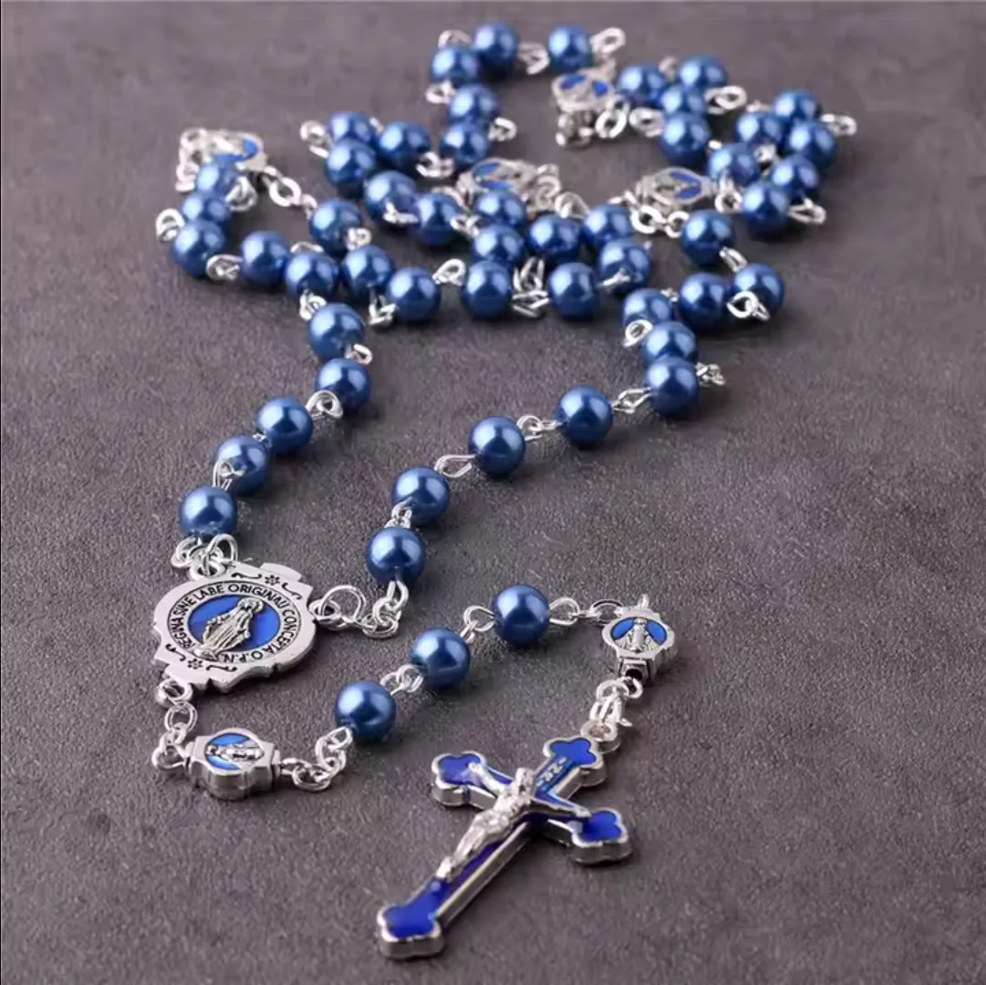 Deep Blue Pearl Beads Virgin Mary Rosary Amen Artisan - Image 3