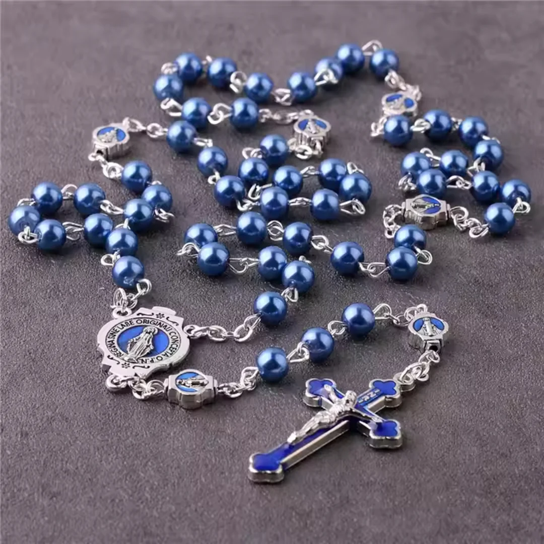 Deep Blue Pearl Beads Virgin Mary Rosary Amen Artisan - Image 4