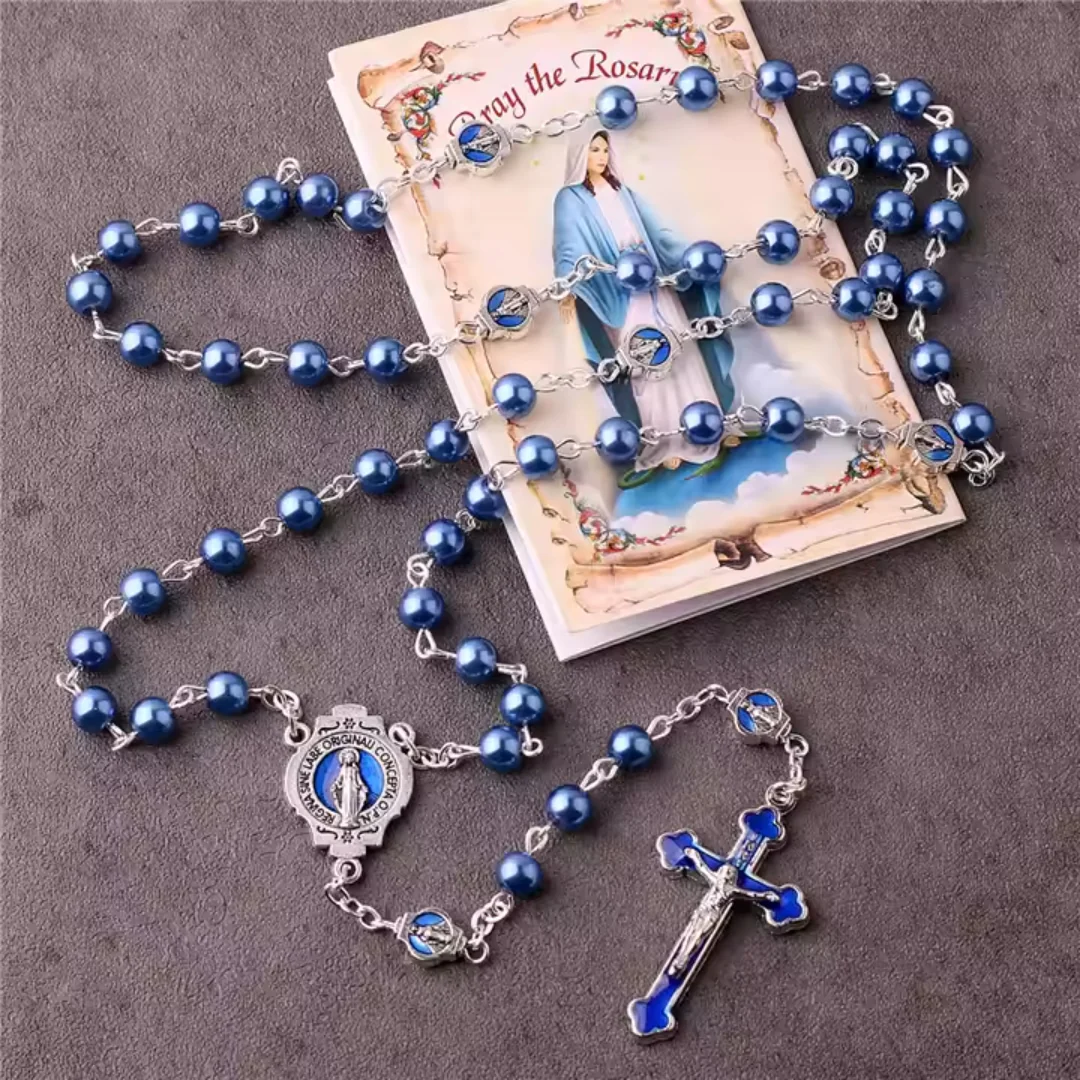 Deep Blue Pearl Beads Virgin Mary Rosary Amen Artisan - Image 5