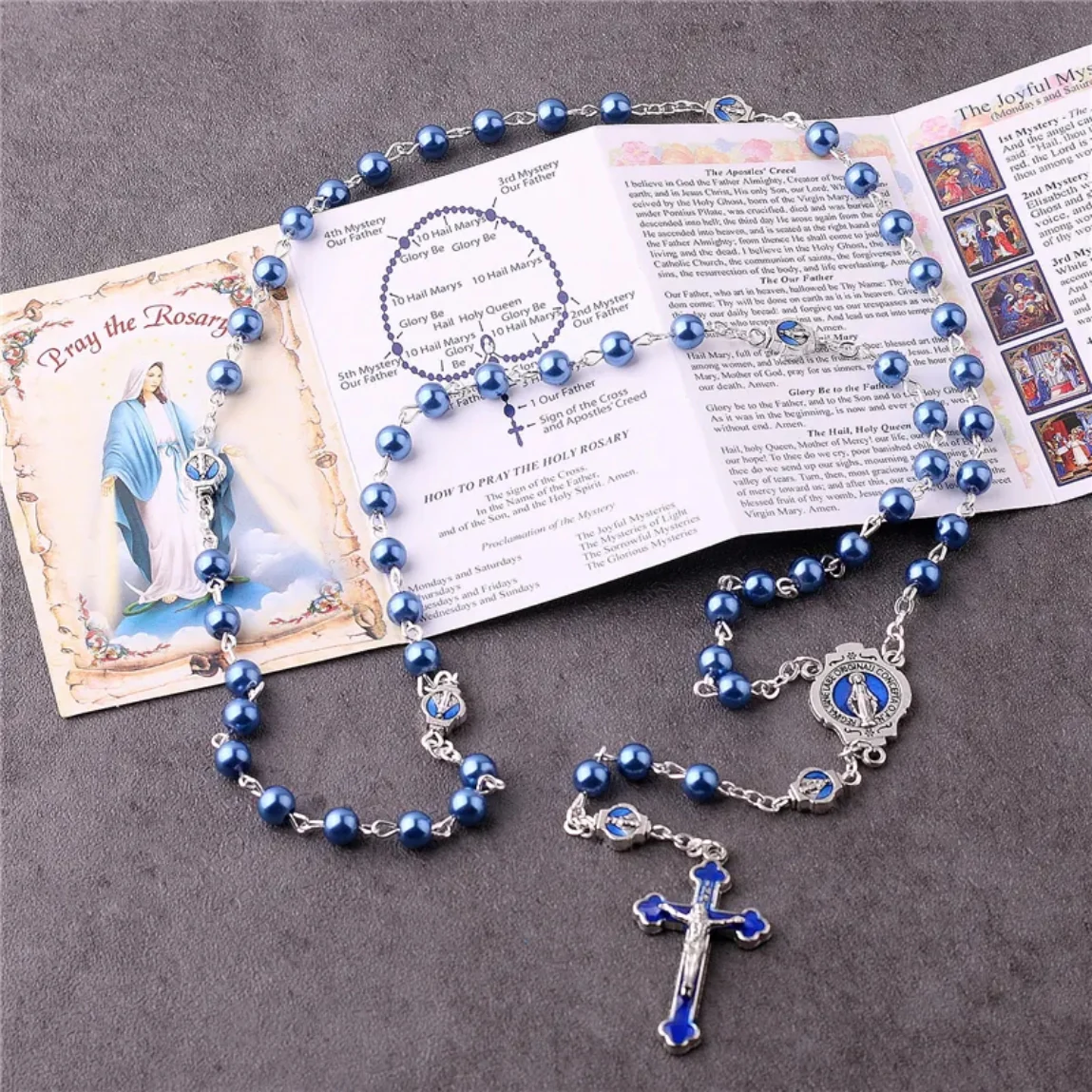 Deep Blue Pearl Beads Virgin Mary Rosary Amen Artisan - Image 6