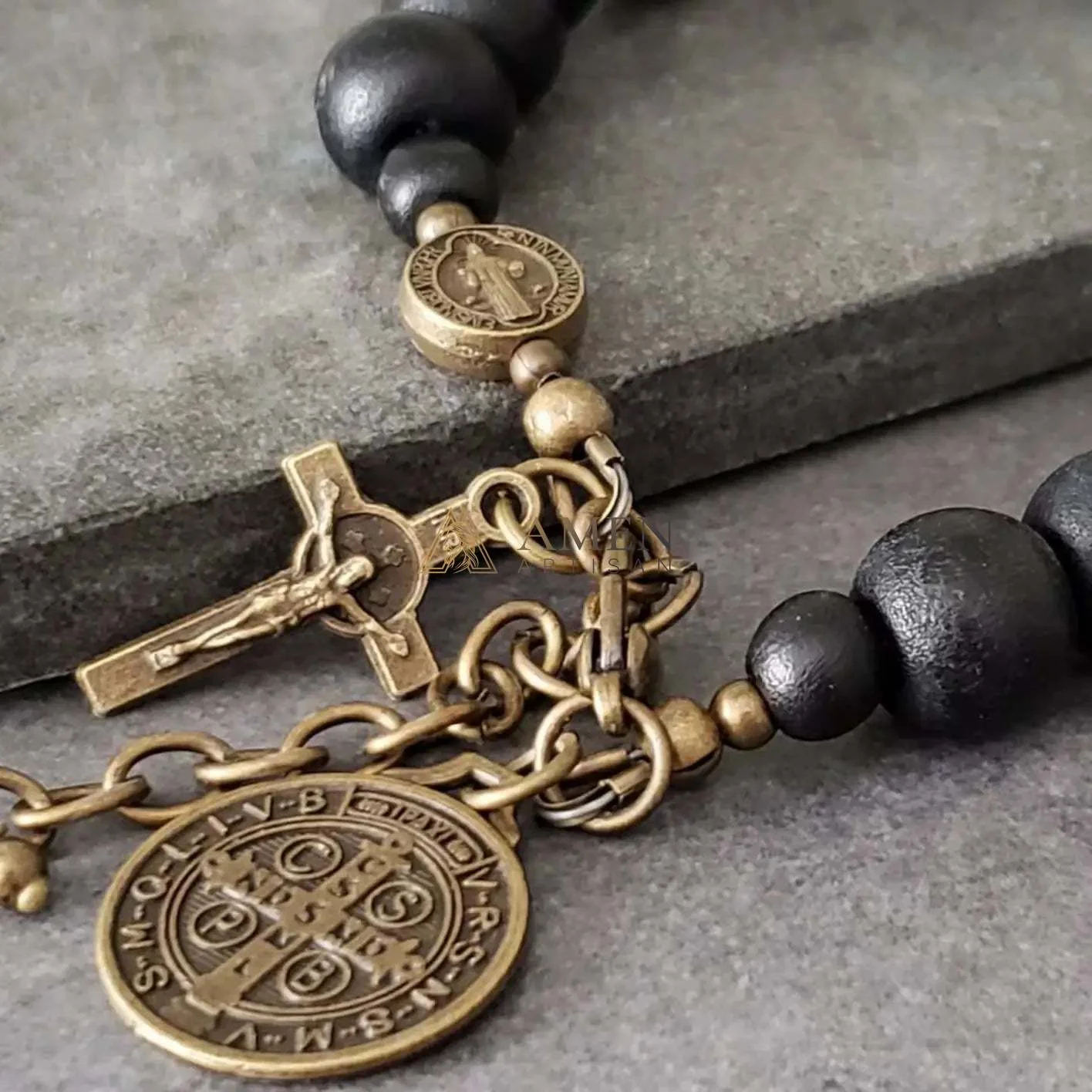 Black Wood Beads Brass Saint Benedict Medal Adjustment Bracelet - Image 3