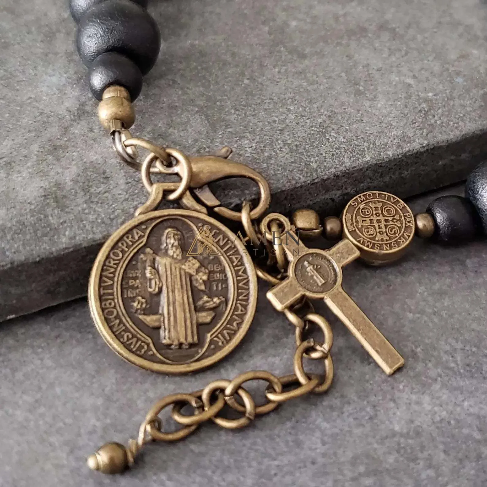 Black Wood Beads Brass Saint Benedict Medal Adjustment Bracelet - Image 4