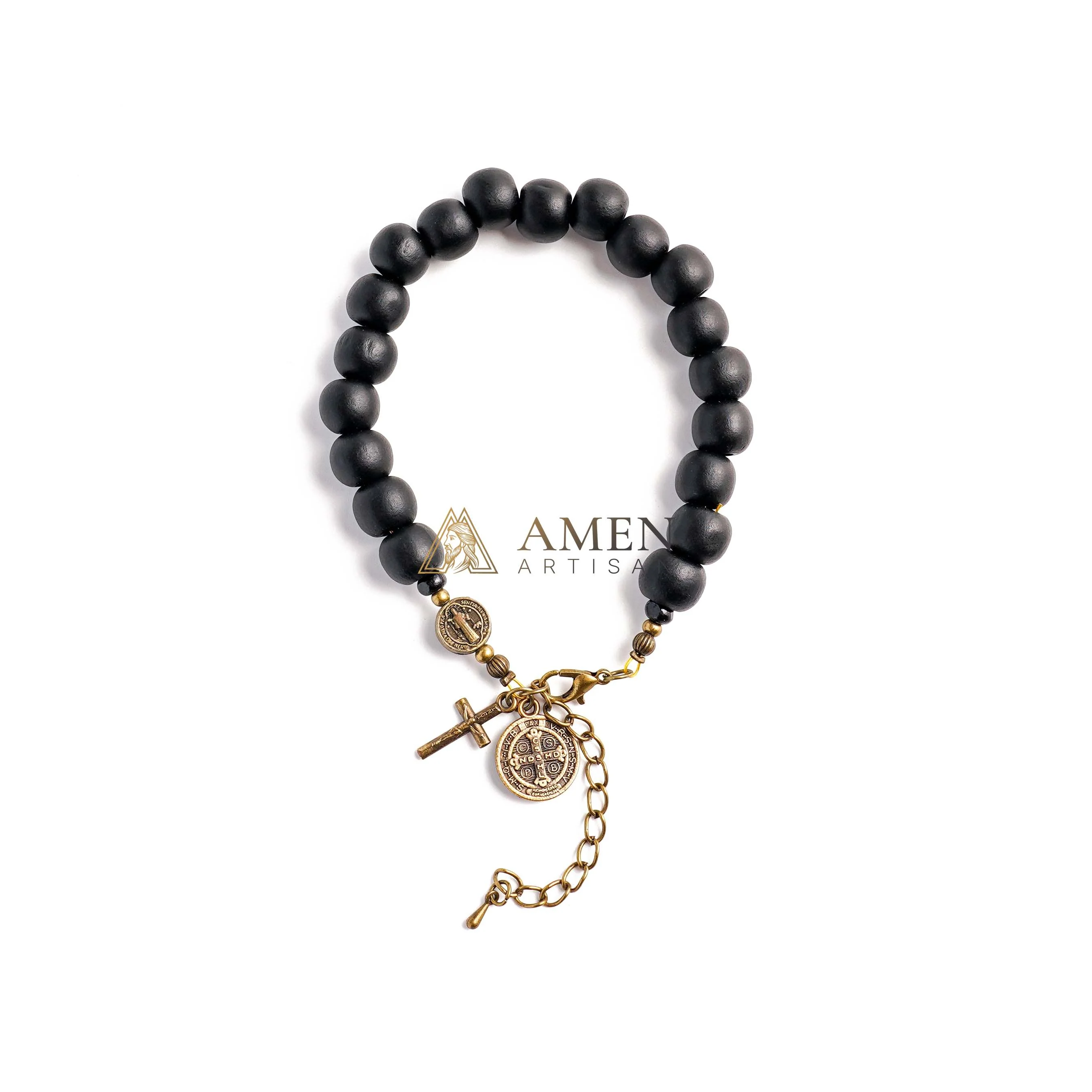 Black Wood Beads Brass Saint Benedict Medal Adjustment Bracelet - Image 6