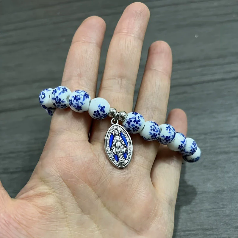 Ceramic Flower Beads Miraculous Medal Stretch Bracelet Amen Artisan - Image 3