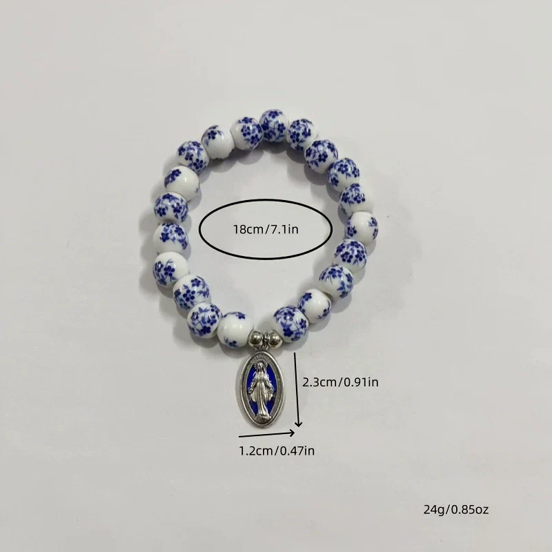 Ceramic Flower Beads Miraculous Medal Stretch Bracelet Amen Artisan - Image 5