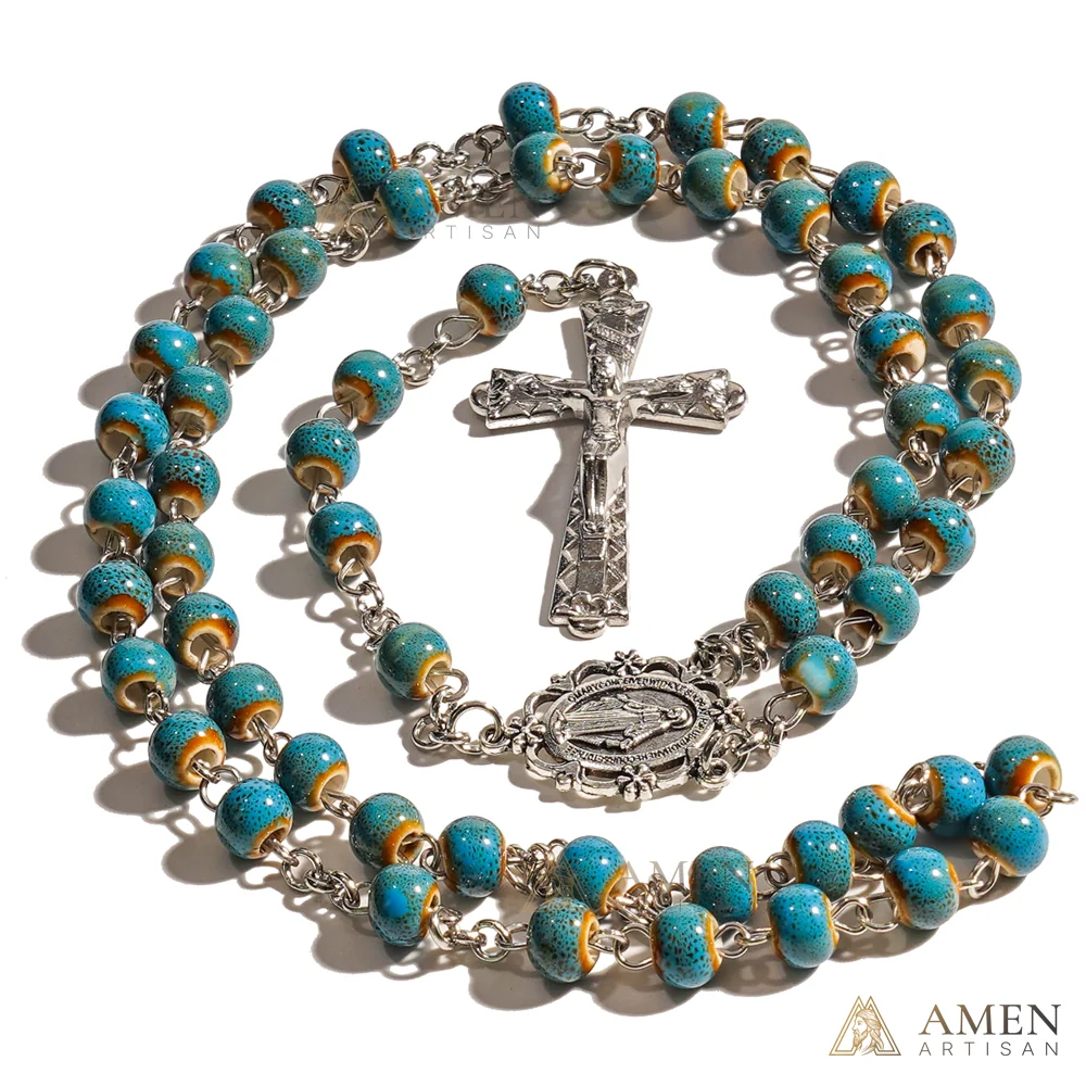 【Deal Today】Turquoise Speckled Ceramic Beads Rosary - Image 3