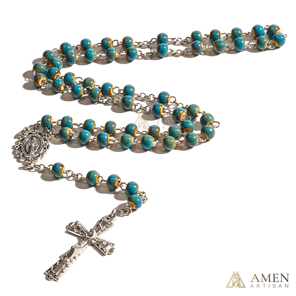 【Deal Today】Turquoise Speckled Ceramic Beads Rosary - Image 4