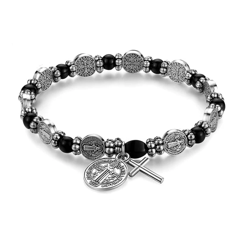 Hematite Beads Saint Benedict Medal Cross Elastic Cord Bracelet Amen Artisan - Image 5