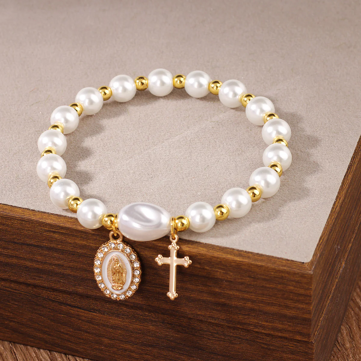 Pearl Gold Virgin Mary Diamond-Studded Cross Elastic Bracelet Amen Artisan - Image 3