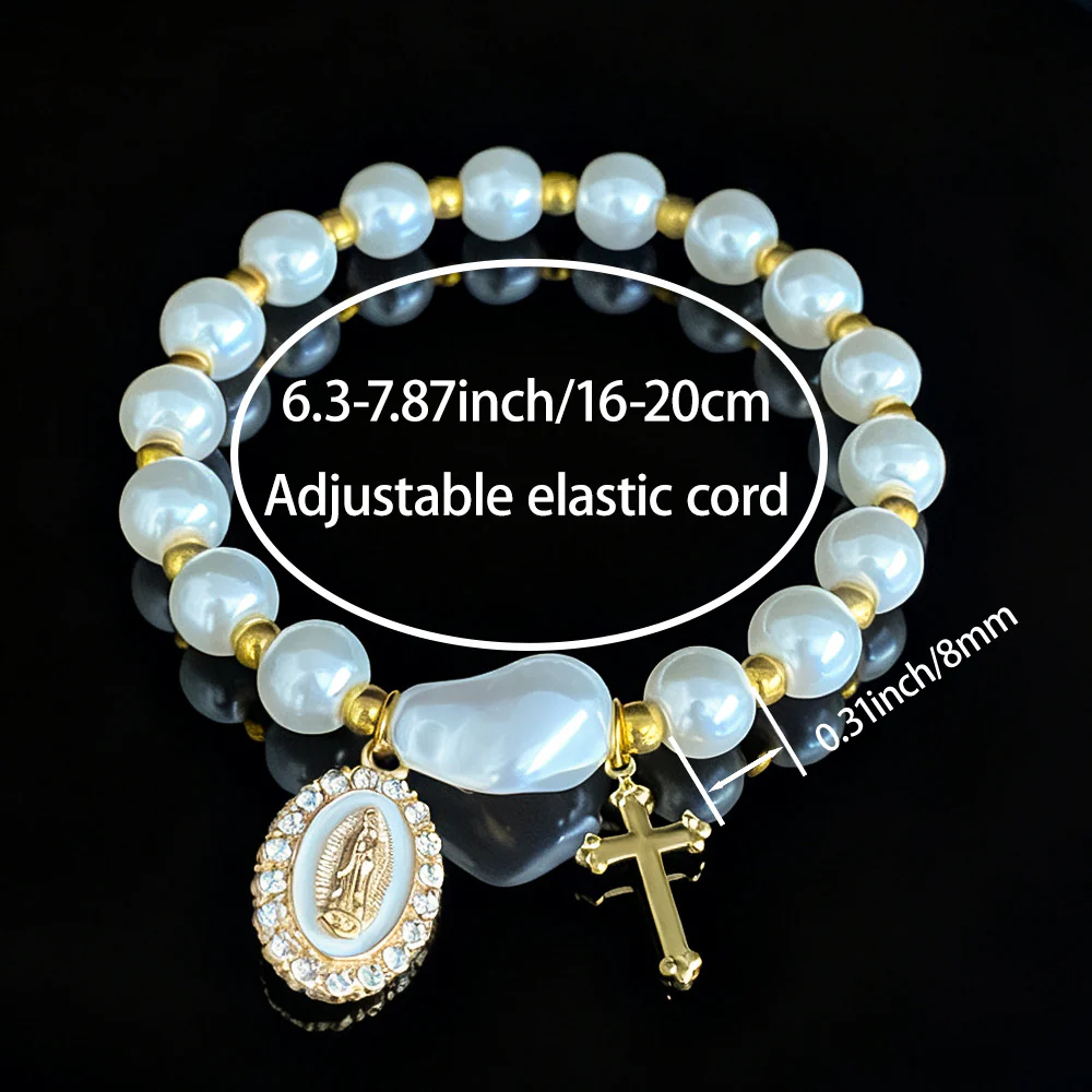 Pearl Gold Virgin Mary Diamond-Studded Cross Elastic Bracelet Amen Artisan - Image 4