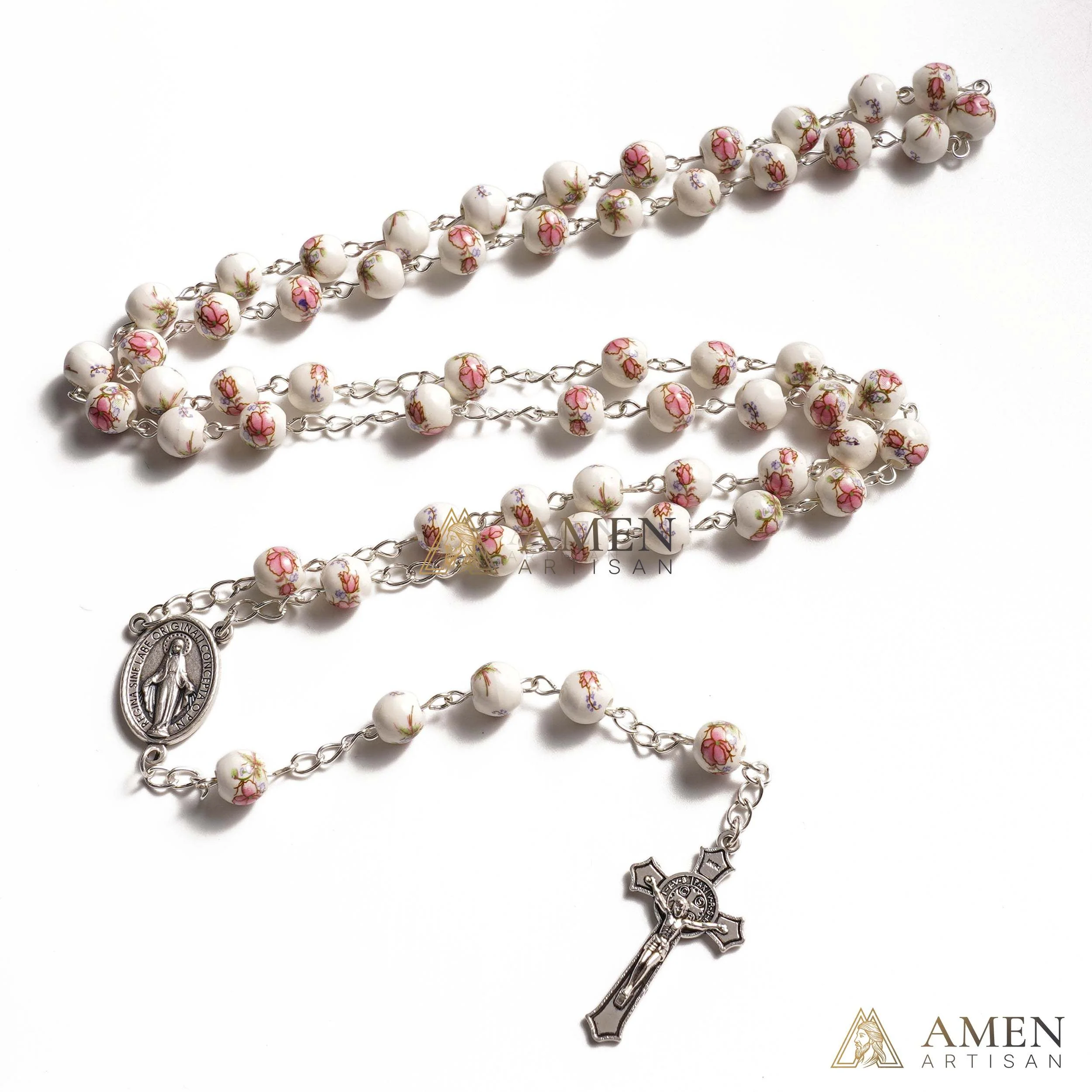 Pink Peony Ceramic Rosary Amen Artisan - Image 3