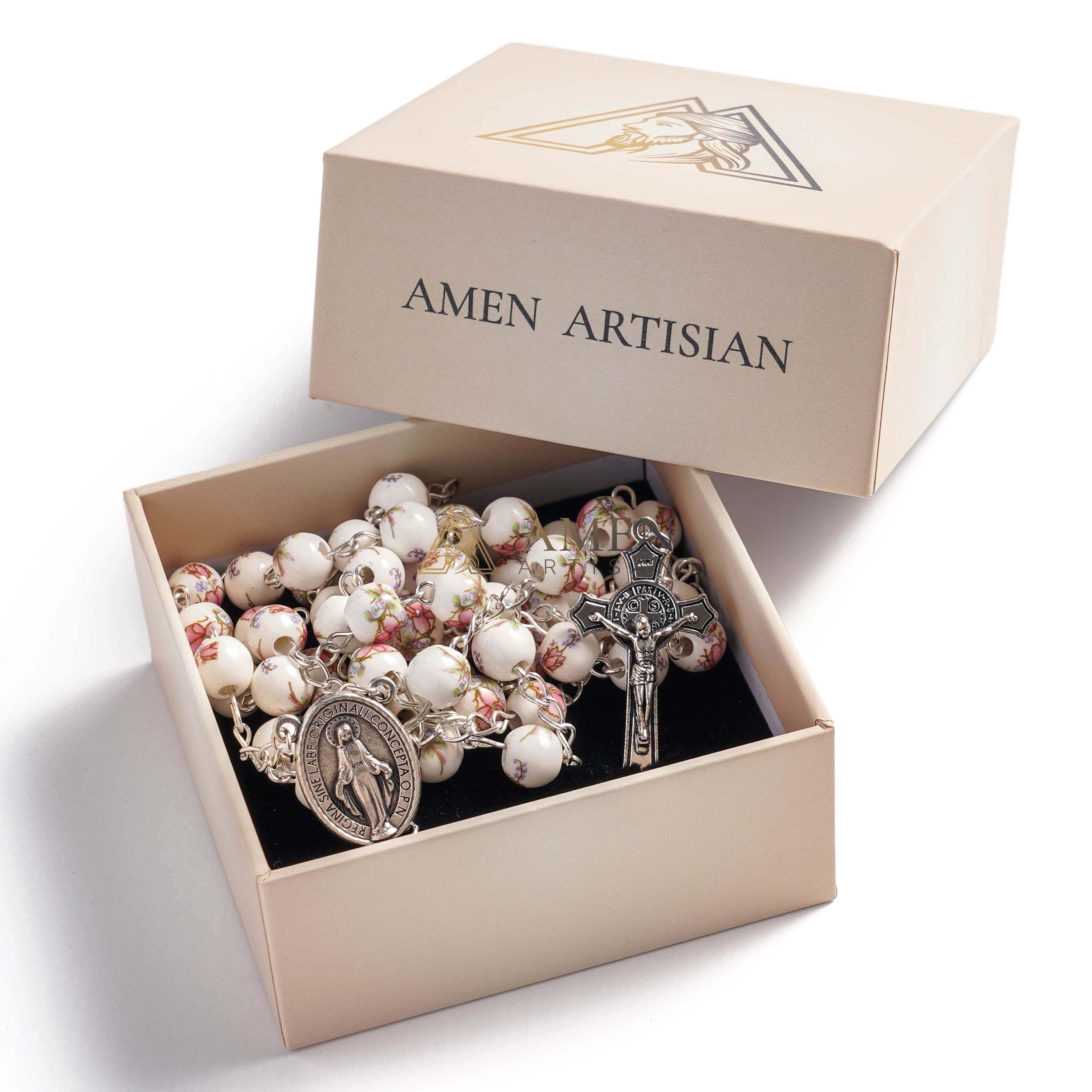 Pink Peony Ceramic Rosary Amen Artisan - Image 5