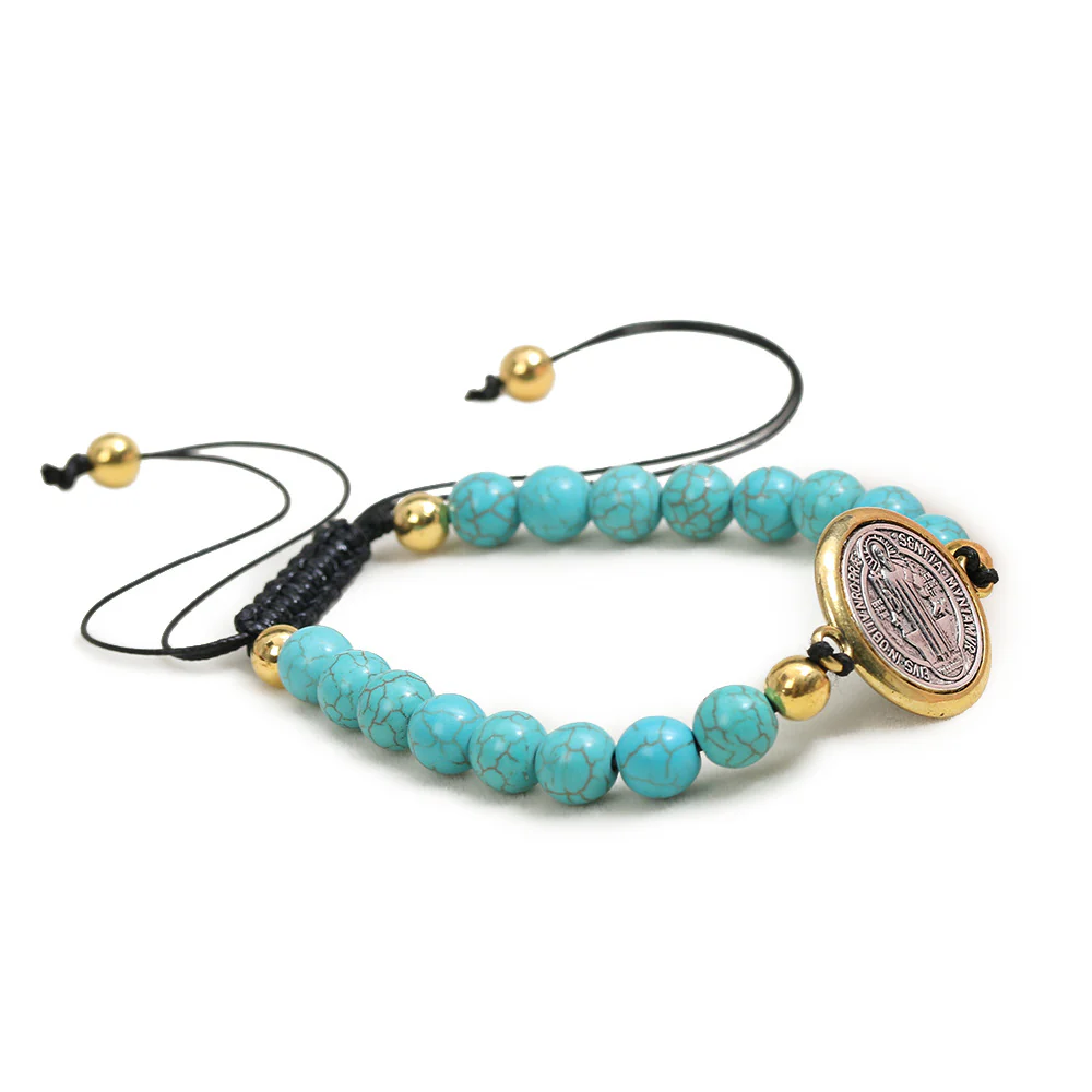 Turquoise Beads Saint Benedict Medal Adjustable Bracelet Amen Artisan - Image 3