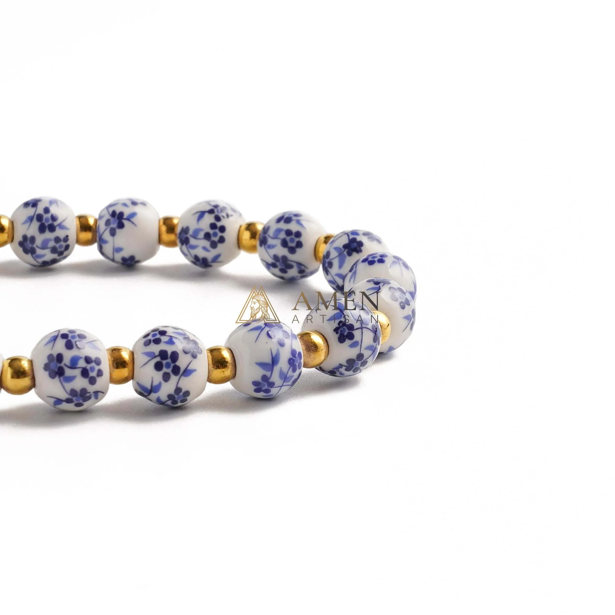 Blue and White Pottery Beads & Baroque Pearl Elastic Cord Cross Bracelet Amen Artisan - Image 3