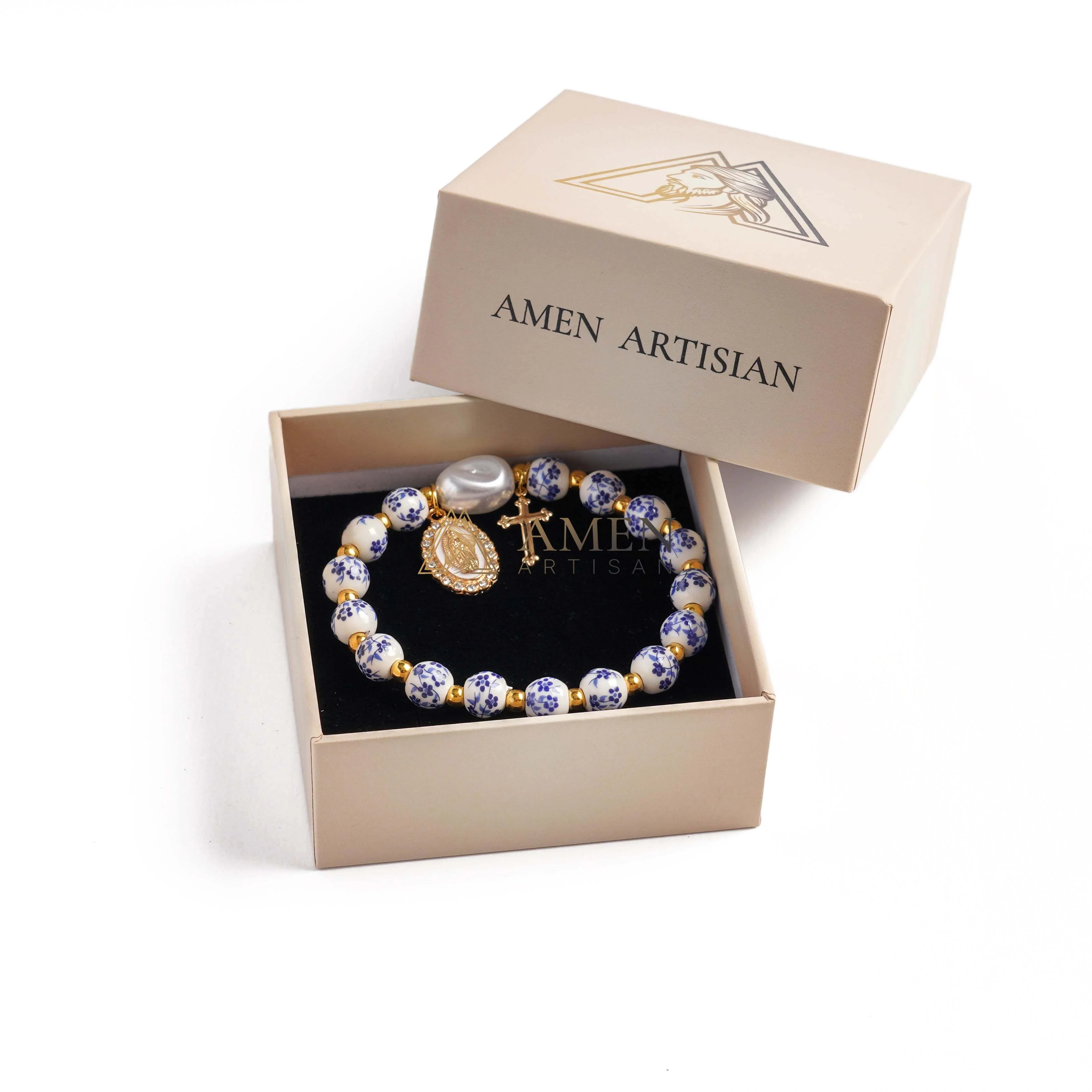 Blue and White Pottery Beads & Baroque Pearl Elastic Cord Cross Bracelet Amen Artisan - Image 4