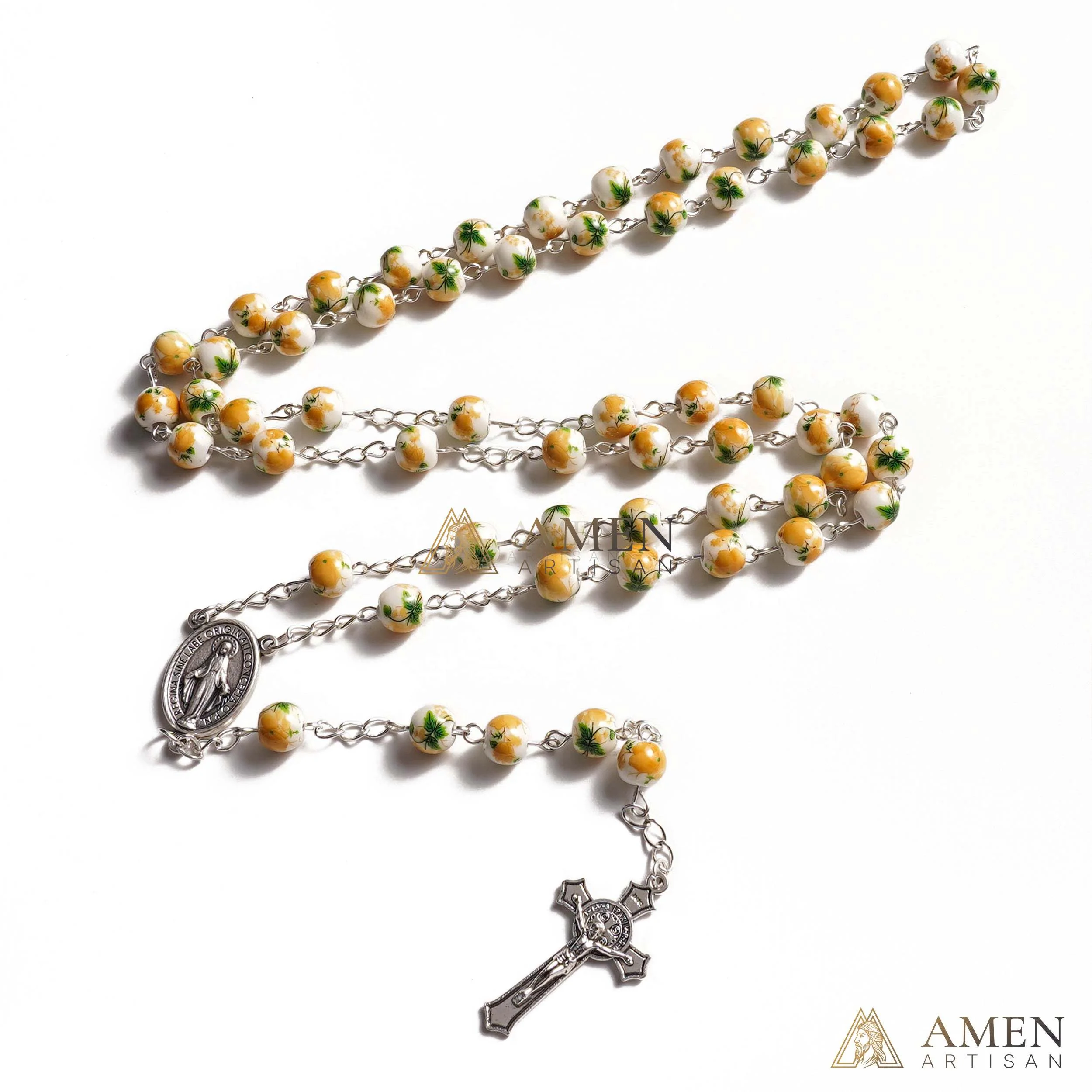 Yellow Peony Ceramic Rosary Amen Artisan - Image 3