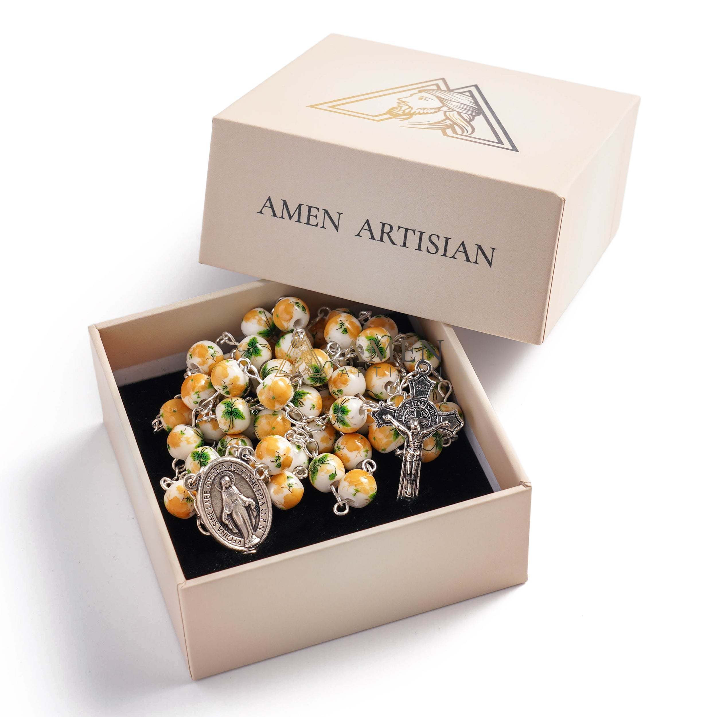 Yellow Peony Ceramic Rosary Amen Artisan - Image 5